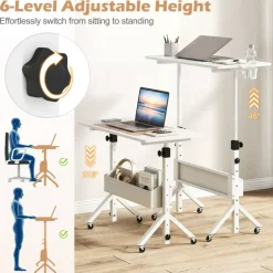 Height Adjustable Standing Desk with Wheels, Mobile Laptop Workstation with Storage Basket, Cup Holder and Cable Management for Home and Office