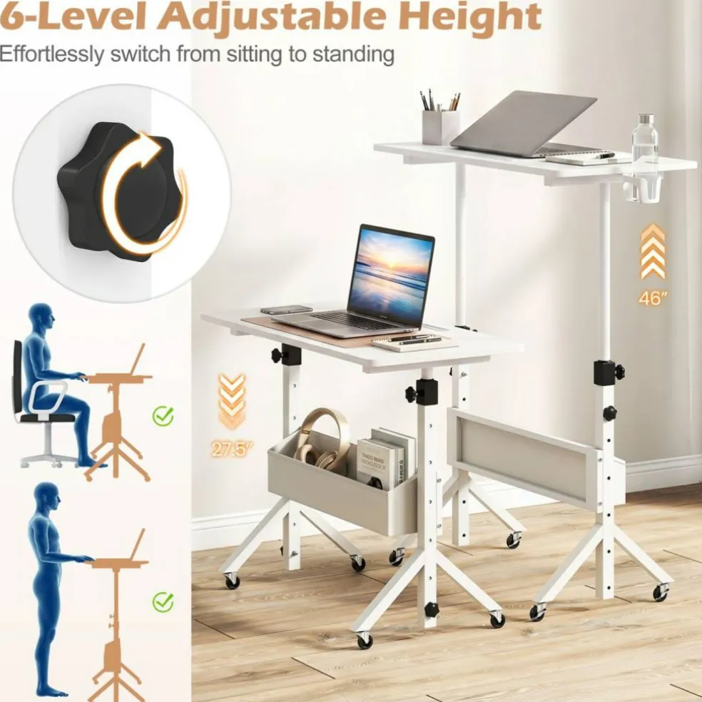 Height Adjustable Standing Desk with Wheels, Mobile Laptop Workstation with Storage Basket, Cup Holder and Cable Management for Home and Office