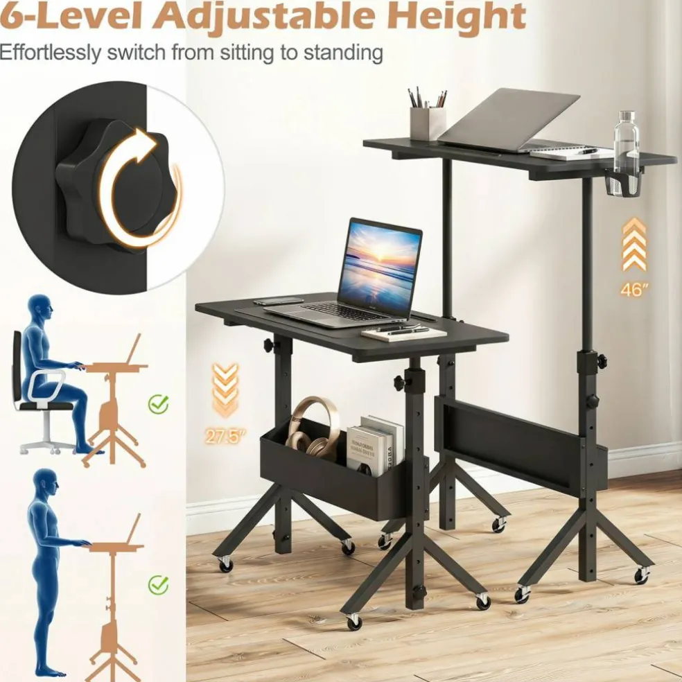 Height Adjustable Standing Desk with Wheels, Mobile Laptop Workstation with Storage Basket, Cup Holder and Cable Management for Home and Office