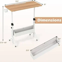 Height Adjustable Standing Desk with Wheels, Mobile Laptop Workstation with Storage Basket, Cup Holder and Cable Management for Home and Office