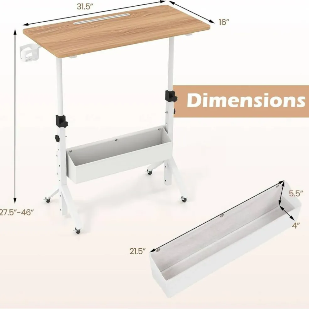 Height Adjustable Standing Desk with Wheels, Mobile Laptop Workstation with Storage Basket, Cup Holder and Cable Management for Home and Office