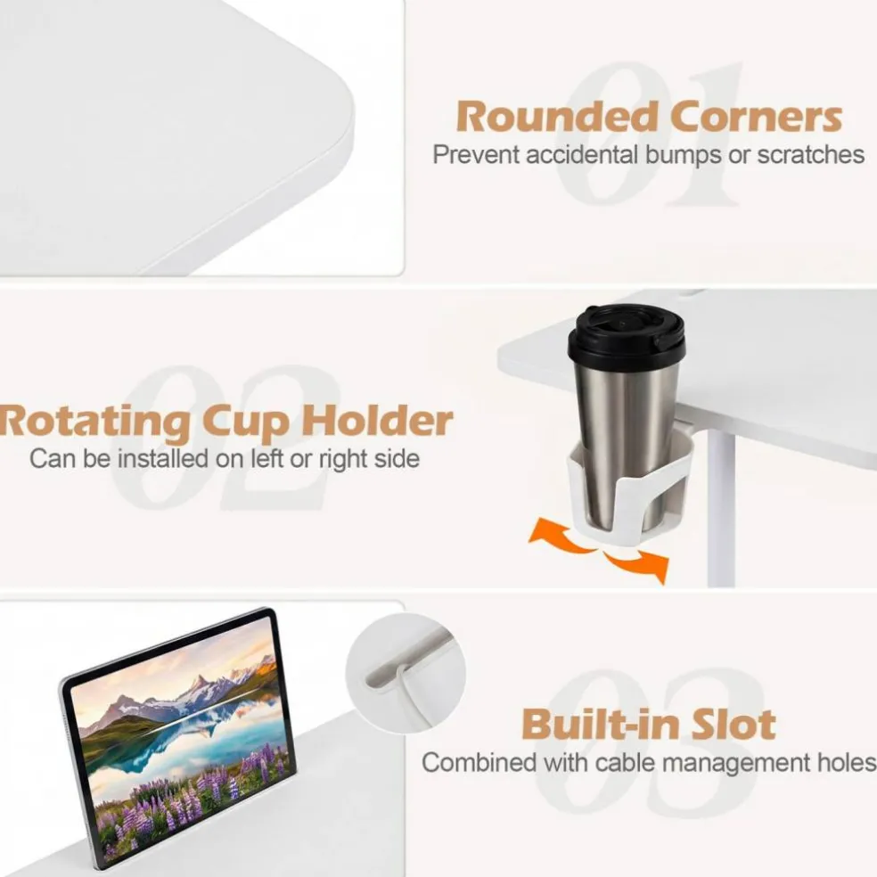 Height Adjustable Standing Desk with Wheels, Mobile Laptop Workstation with Storage Basket, Cup Holder and Cable Management for Home and Office