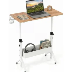 Height Adjustable Standing Desk with Wheels, Mobile Laptop Workstation with Storage Basket, Cup Holder and Cable Management for Home and Office