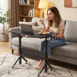 Height Adjustable Standing Desk with Wheels, Mobile Laptop Workstation with Storage Basket, Cup Holder and Cable Management for Home and Office