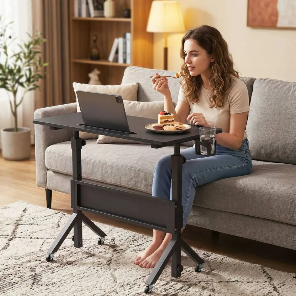 Height Adjustable Standing Desk with Wheels, Mobile Laptop Workstation with Storage Basket, Cup Holder and Cable Management for Home and Office