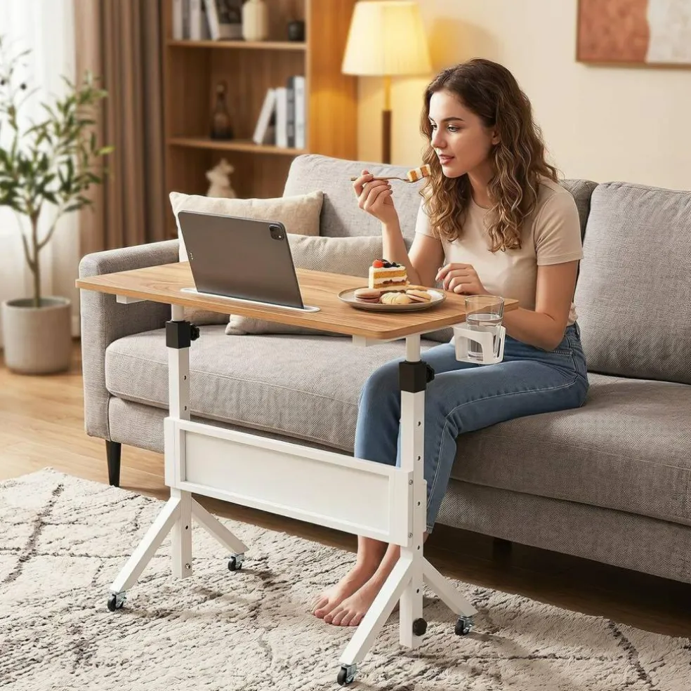 Height Adjustable Standing Desk with Wheels, Mobile Laptop Workstation with Storage Basket, Cup Holder and Cable Management for Home and Office
