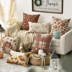 Hello Fall Football Throw Pillow Covers Set of 4 – 18x18 Autumn Maple Leaf & Harvest Cushion Cases, Rustic Thanksgiving Sofa & Couch Seasonal Home Decor