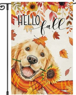 Hello Fall Garden Flag – Golden Retriever Dog with Maple Leaves & Sunflowers, 12x18 Inch Double-Sided Autumn Seasonal Burlap Yard Flag, Outdoor Welcome House & Garden Decoration