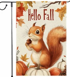 Hello Fall Garden Flag 12 x 18 Inch, Double-Sided Autumn Squirrel Yard Flag with Pumpkin and Acorn Design, Burlap Thanksgiving Outdoor Decor for Lawn, Porch, Garden, Patio and Farmhouse