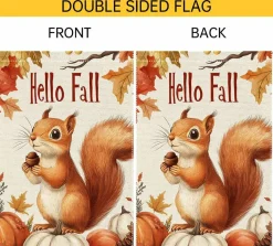 Hello Fall Garden Flag 12 x 18 Inch, Double-Sided Autumn Squirrel Yard Flag with Pumpkin and Acorn Design, Burlap Thanksgiving Outdoor Decor for Lawn, Porch, Garden, Patio and Farmhouse