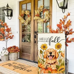 Hello Fall Garden Flag 12x18 Inch Pumpkin Sunflower Dog Yard Decor, Double Sided Weather Resistant Golden Retriever Welcome Home Outdoor Seasonal Autumn Porch Decoration