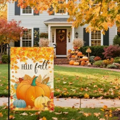 Hello Fall Pumpkin Leaf Garden Flag 12x18 Inch Double Sided Autumn Burlap Yard Flag, Thanksgiving Outdoor Porch Lawn Seasonal Home Decoration Banner