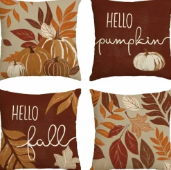 Hello Fall Pumpkin Leaves Throw Pillow Covers Set of 4 – 18x18 Inch Autumn Thanksgiving Harvest Cushion Covers for Sofa, Couch, Bedroom & Farmhouse Seasonal Home Décor