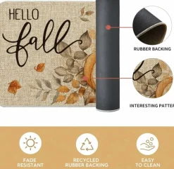 Hello Fall Pumpkin & Sunflower Kitchen Mats Set of 2, Non-Slip Autumn Kitchen Rugs, Low-Profile Seasonal Floor Mats for Kitchen, Entryway, Laundry Room & Farmhouse Home Decor (17x29 & 17x47 Inch)