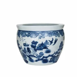 Hello Honey® 12.25" Blue & White Hand-Painted Stoneware Planter