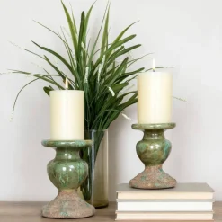 Hello Honey® Distressed Green 2-Tone Sculptural Terracotta Pillar Candle Holder