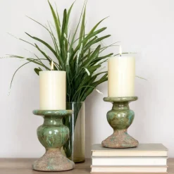 Hello Honey® Distressed Green 2-Tone Sculptural Terracotta Pillar Candle Holder
