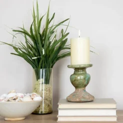 Hello Honey® Distressed Green 2-Tone Sculptural Terracotta Pillar Candle Holder