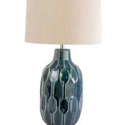 Hello Honey Embossed Ceramic Table Lamp with Linen Shade, Inline Switch and Reactive Glaze, Blue, Set of 2