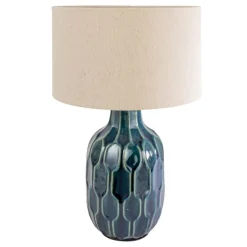 Hello Honey Embossed Ceramic Table Lamp with Linen Shade, Inline Switch and Reactive Glaze, Blue, Set of 2