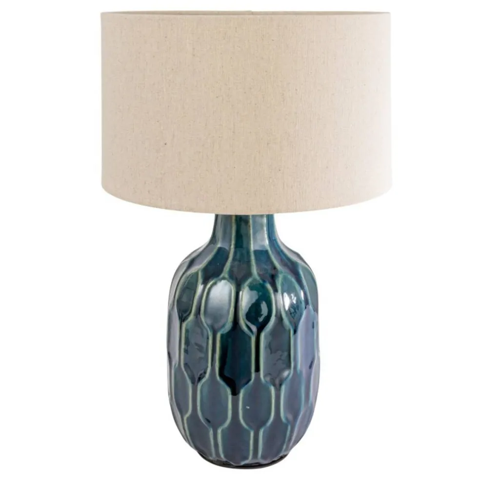 Hello Honey Embossed Ceramic Table Lamp with Linen Shade, Inline Switch and Reactive Glaze, Blue, Set of 2