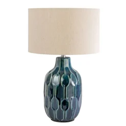 Hello Honey Embossed Ceramic Table Lamp with Linen Shade, Inline Switch and Reactive Glaze, Blue, Set of 2