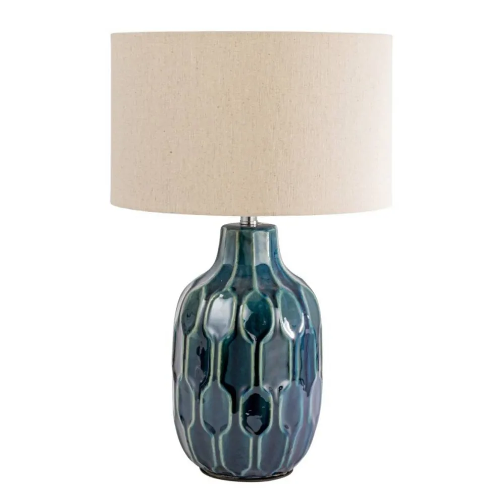 Hello Honey Embossed Ceramic Table Lamp with Linen Shade, Inline Switch and Reactive Glaze, Blue, Set of 2