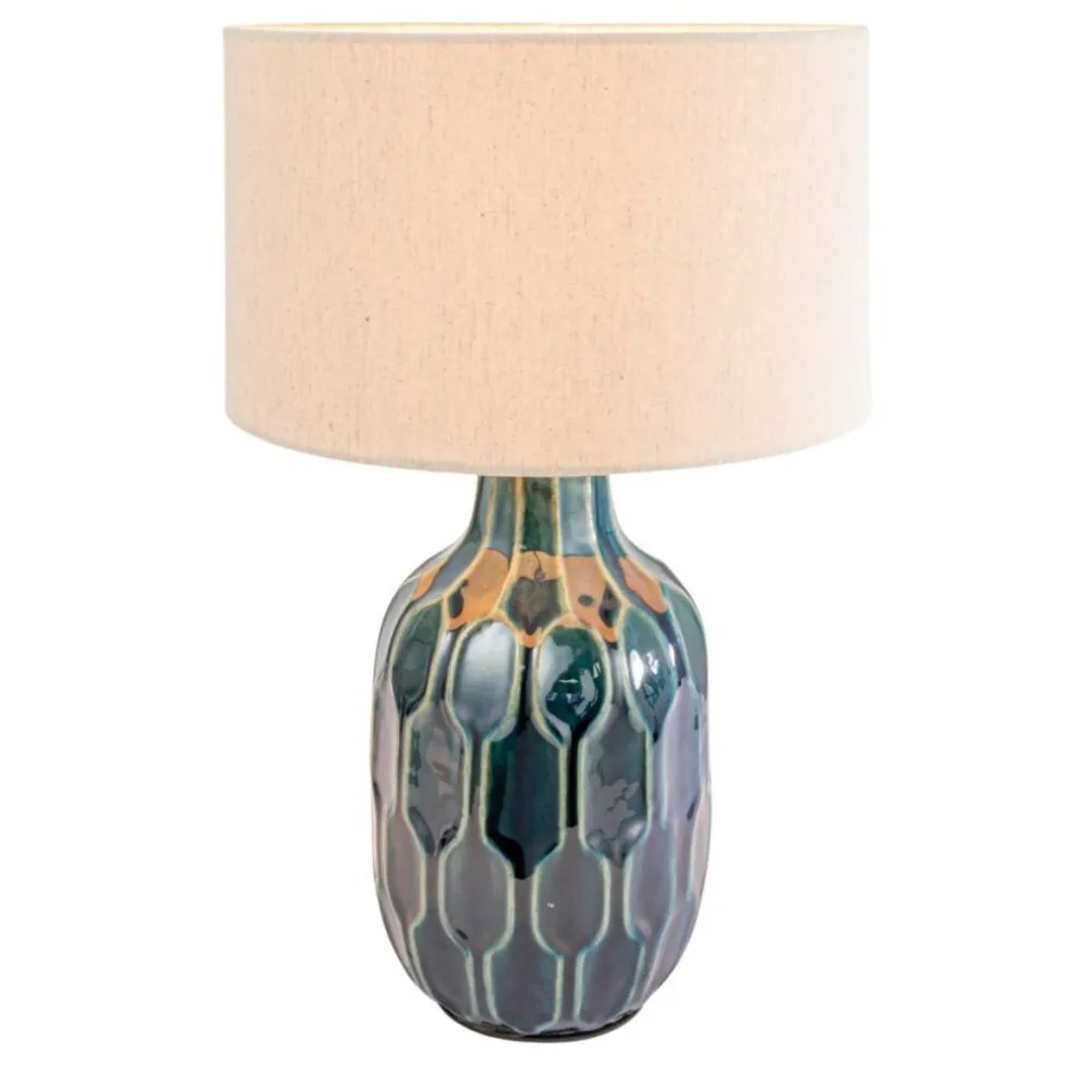 Hello Honey Embossed Ceramic Table Lamp with Linen Shade, Inline Switch and Reactive Glaze, Blue, Set of 2
