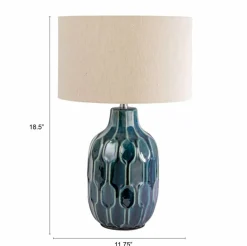 Hello Honey Embossed Ceramic Table Lamp with Linen Shade, Inline Switch and Reactive Glaze, Blue, Set of 2