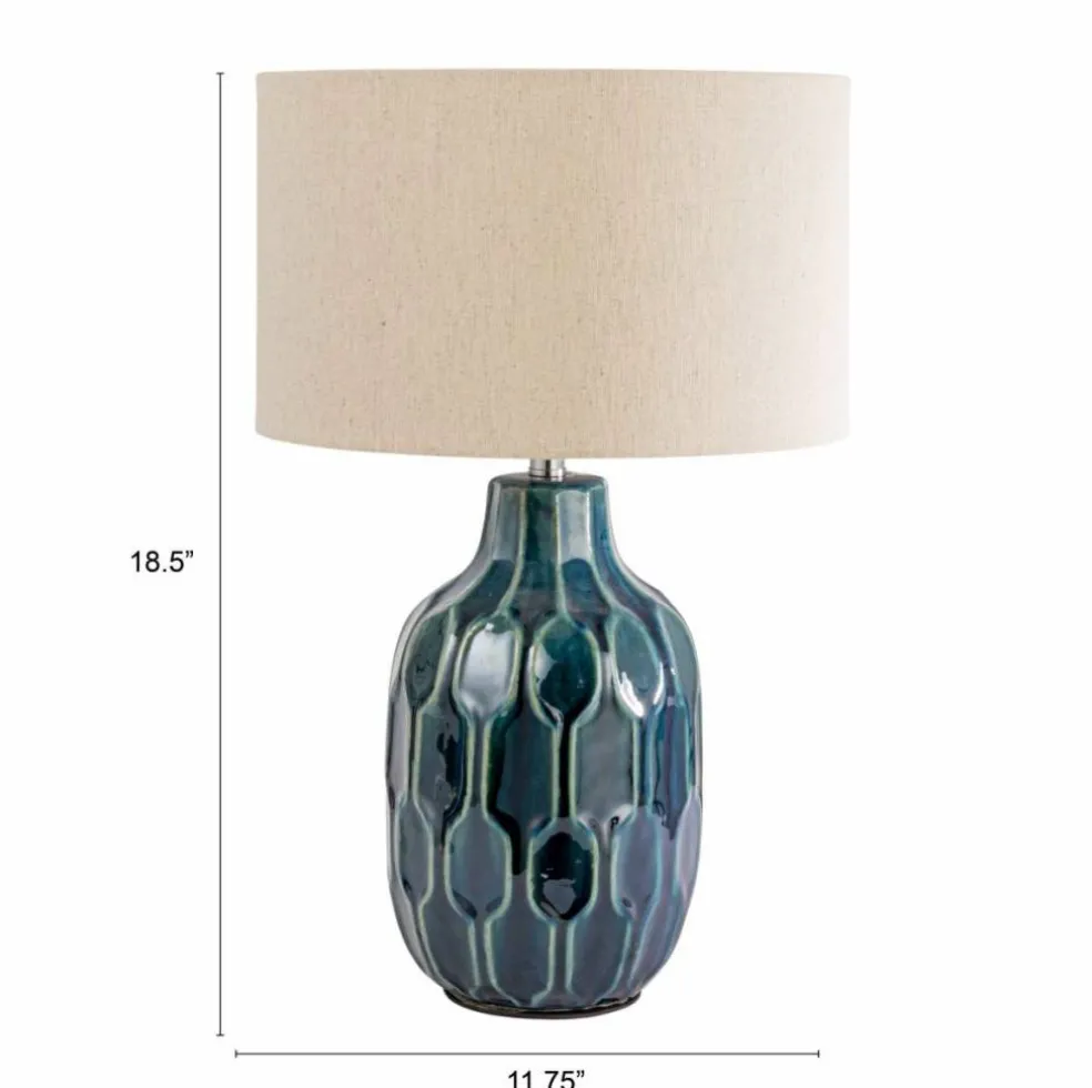 Hello Honey Embossed Ceramic Table Lamp with Linen Shade, Inline Switch and Reactive Glaze, Blue, Set of 2