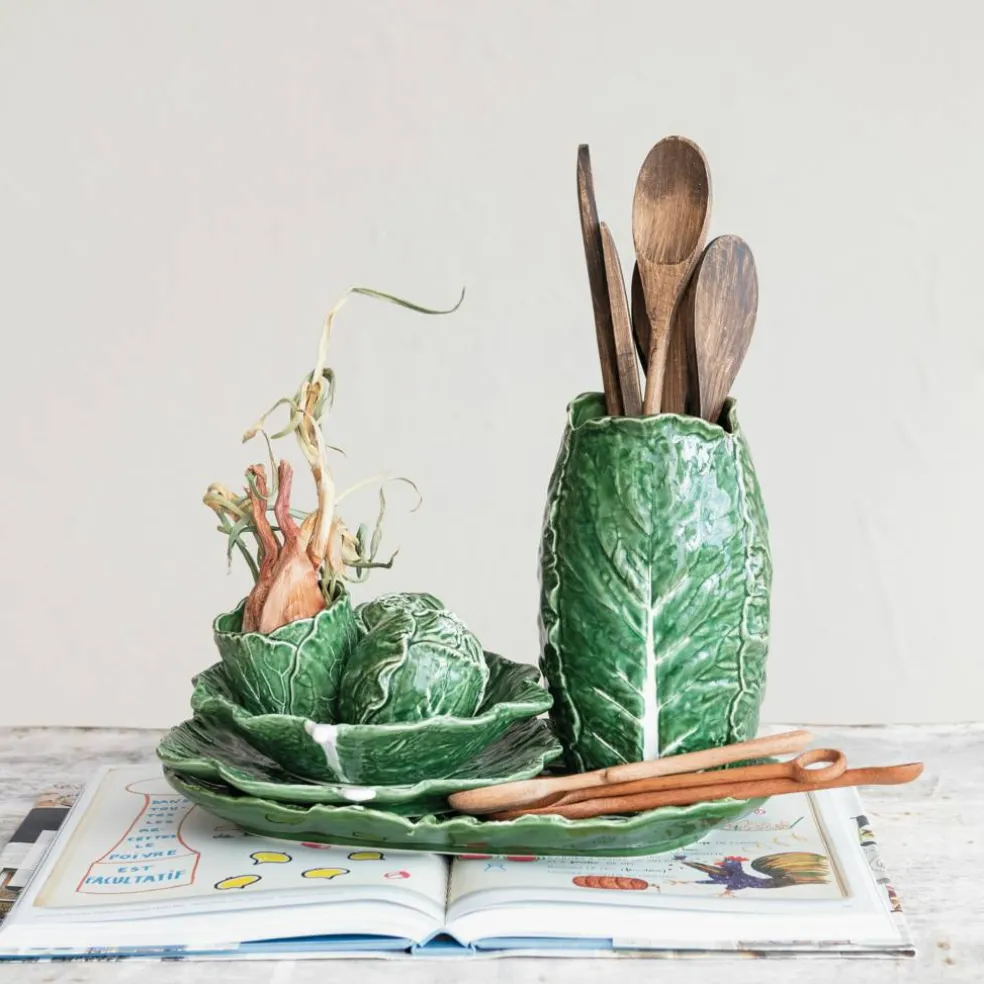 Hello Honey® 9" Green Hand-Painted Embossed Stoneware Cabbage Plates, 6ct.