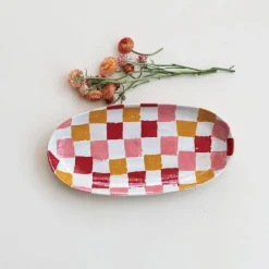 Hello Honey Oval Hand-Painted Stoneware Platter with Check Pattern, Multicolor
