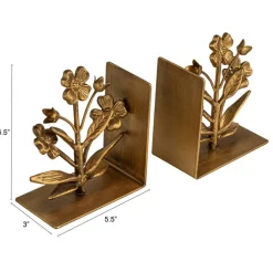 Hello Honey 2-Piece Cast Metal Flower Bookends, Gold Finish