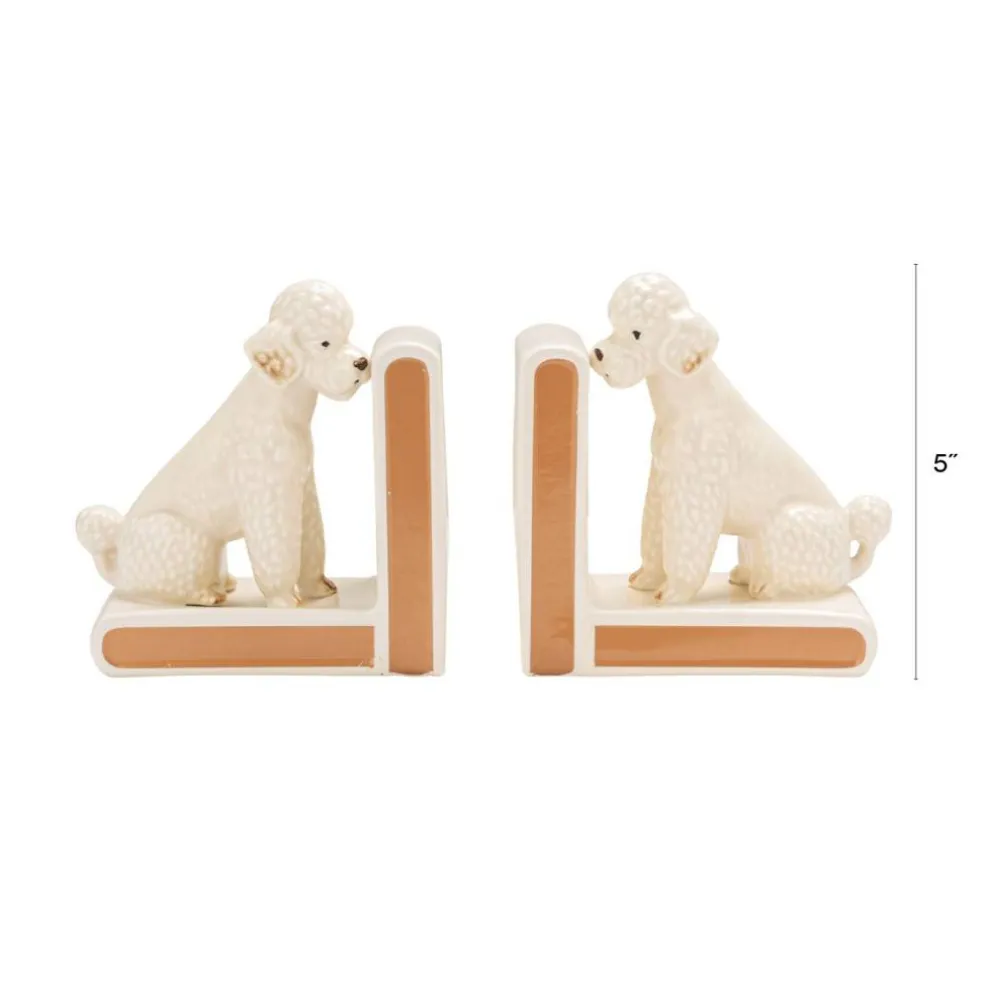 Hello Honey 2-Piece Hand-Painted Stoneware Vintage Poodle Bookends, White and Gold Finish