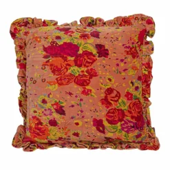 Hello Honey® Red Floral Printed Chambray Back & Ruffle Cotton Velvet Pillow