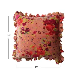 Hello Honey® Red Floral Printed Chambray Back & Ruffle Cotton Velvet Pillow