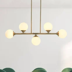 Hello Honey® Robert Stevenson Lighting Lorne 34" Brushed Gold 5-Light Metal and Frosted Glass Chandelier