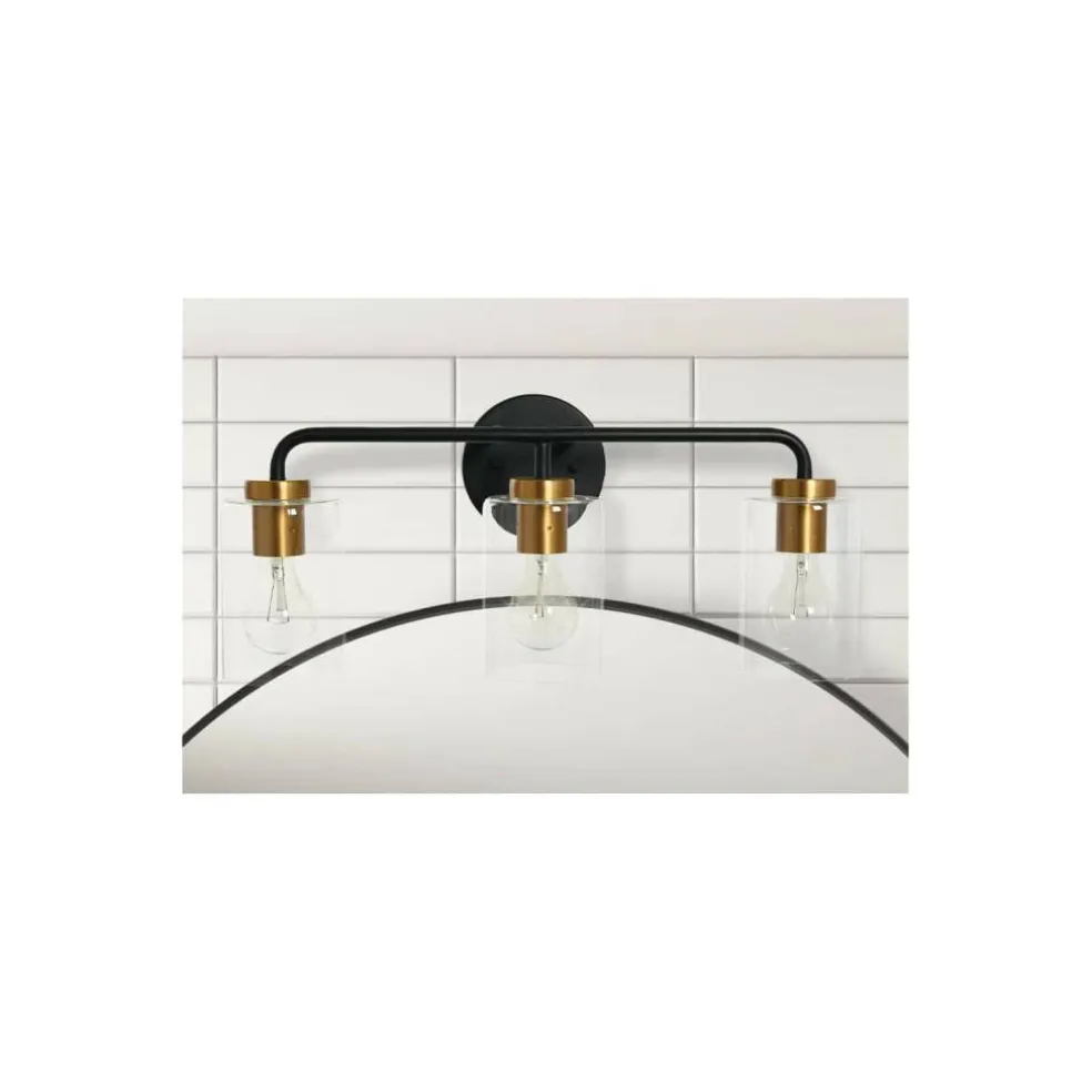 Hello Honey® Robert Stevenson Lighting Kendrick Matte Black & Brushed Gold Metal & Glass 3-Light Vanity Light