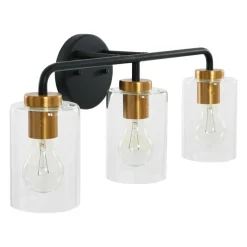 Hello Honey® Robert Stevenson Lighting Kendrick Matte Black & Brushed Gold Metal & Glass 3-Light Vanity Light