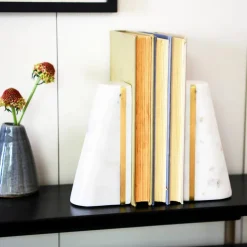 Hello Honey® 6" White Geometric Marble Bookends with Brass Inlay, 2ct.