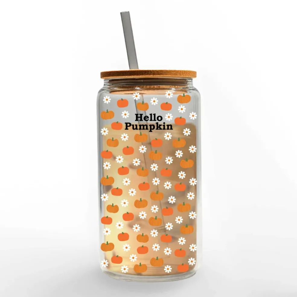 Hello Pumpkin Daisy Pattern 16oz. Glass Can Cup
