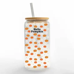 Hello Pumpkin Daisy Pattern 16oz. Glass Can Cup