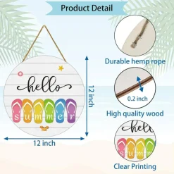 Hello Summer Flip Flops Wooden Door Sign, Beach-Themed Front Door Hanger with Crab and Starfish, Summer Porch Wall Decor for Entryway, Farmhouse Home Office Decoration, 12 x 12 Inch