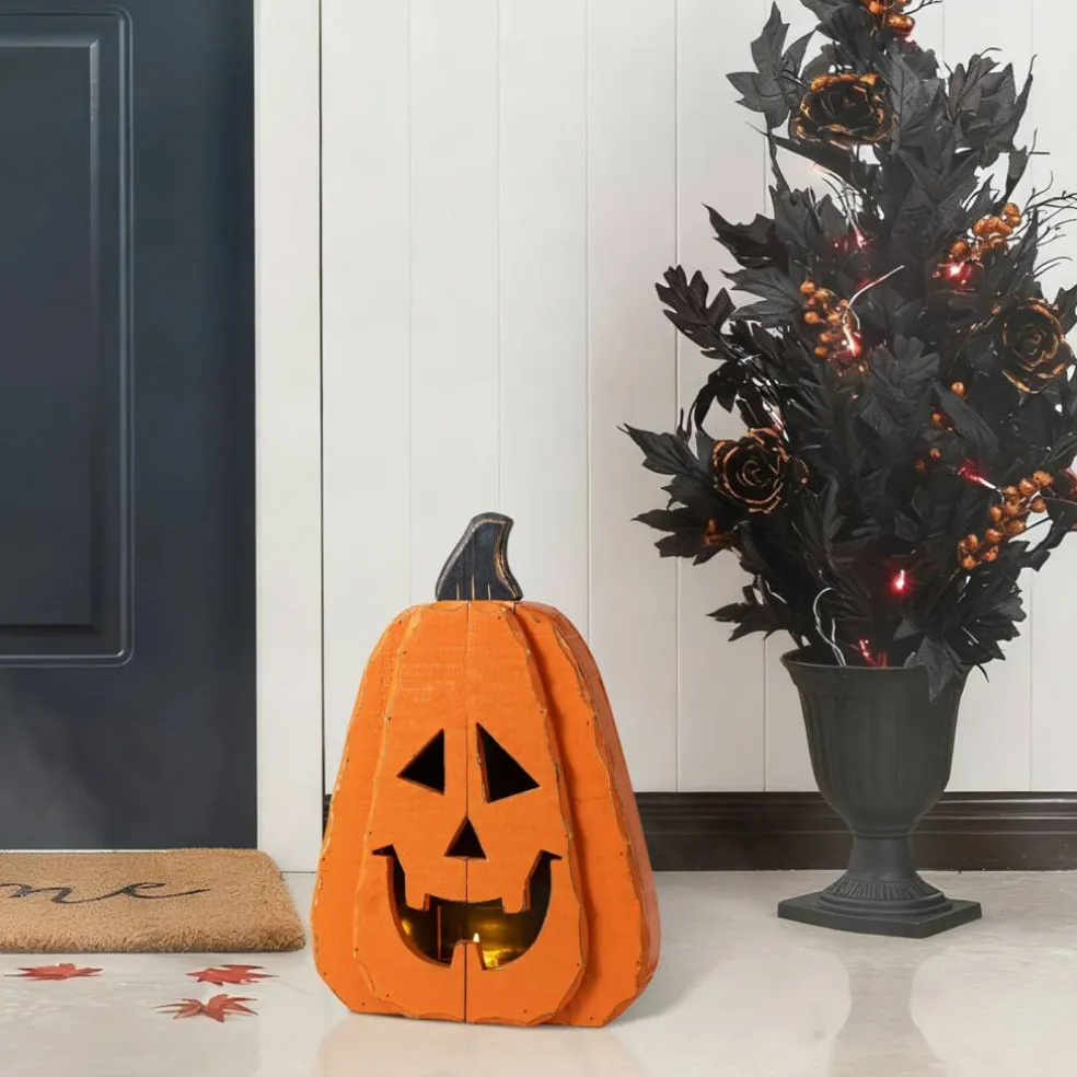 17.5"H/13.75''H Halloween Chunky Wood Jack-O-Lantern Porch Decor