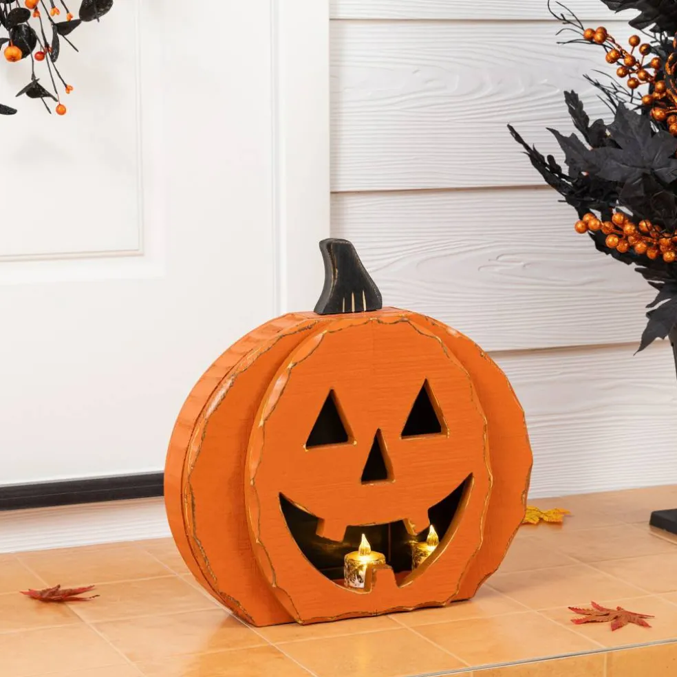 17.5"H/13.75''H Halloween Chunky Wood Jack-O-Lantern Porch Decor
