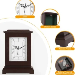 Hidden Safe Table Clock, Vintage Silent Wooden Mantel Clock with Secret Compartment