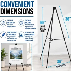 66" High Black Metal Display Easel - Large Adjustable Height Portable Easel Stand, Sign Display, Holds 25 lbs - Floor & Tabletop Easels, Painting Stand