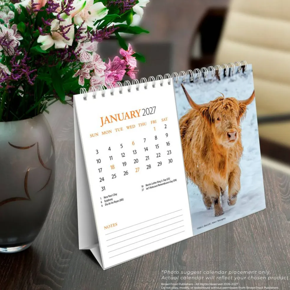Highland Cows | 2027 7.5 x 6 Inch Monthly Double-View Easel Desk Calendar