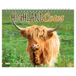 Highland Cows | 2027 7.5 x 6 Inch Monthly Double-View Easel Desk Calendar