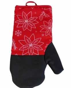 Holiday Christmas Heat Resistant Pot Mitt Holder Set Neoprene Red Poinsettia